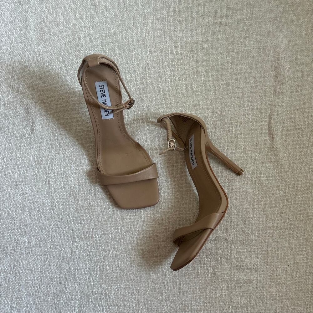 neutral steve madden minimal high heel sandals